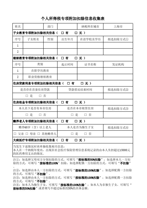 个人所得税专项附加扣除信息收集表