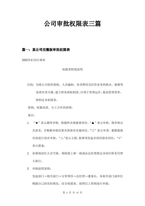 公司审批权限表三篇