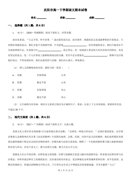 沈阳市高一下学期语文期末试卷