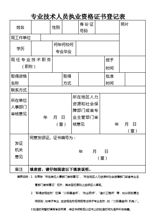 专业技术人员执业资格证书登记表