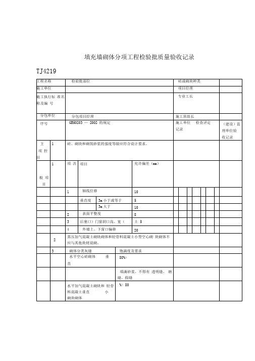 填充墙砌体分项工程检验批质量验收记录