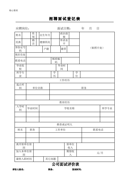 财务人员面试登记与评价表格模板