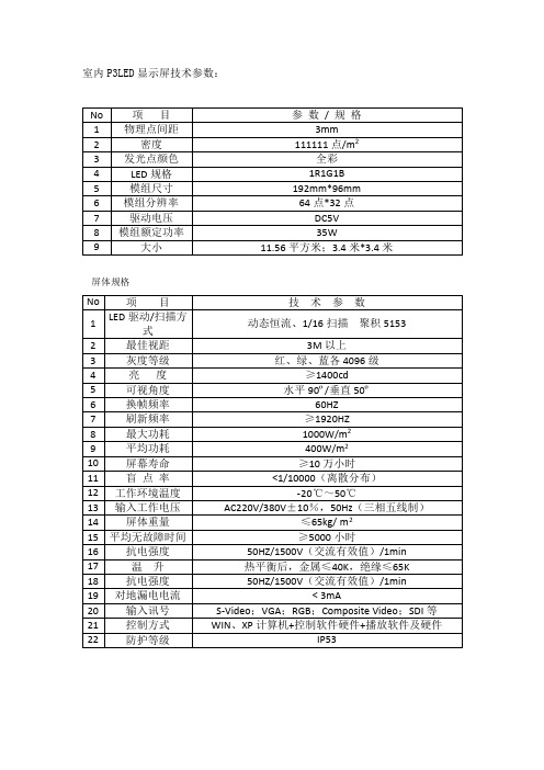 室内P3LED显示屏技术参数参数规格