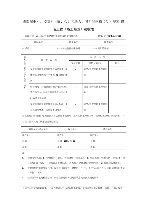 成套配电柜、控制柜(屏、台)和动力、照明配电箱(盘)安装 隐蔽工程(随工检查)验收表