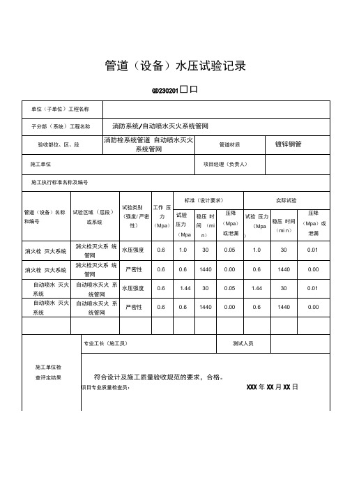 设备消防隐蔽工程验收记录表