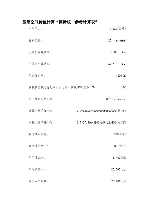 压缩空气价值计算“国际统一计算表”