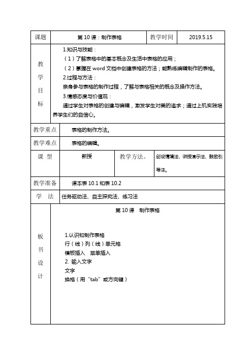 信息技术五年级下册第10课制作表格教案