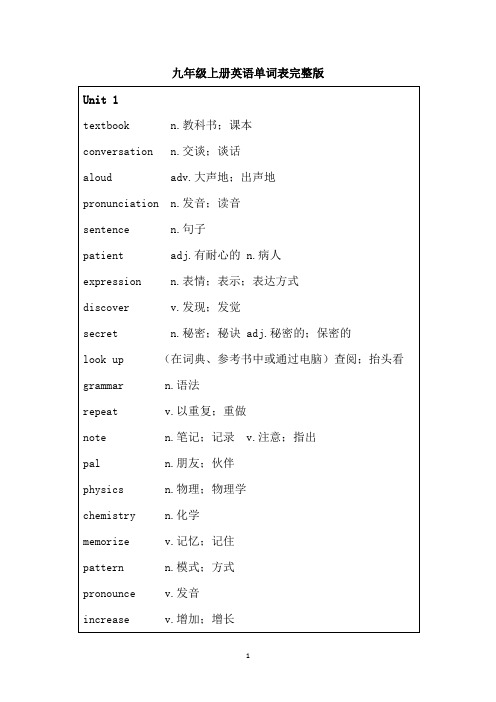 九年级上册英语单词表完整版