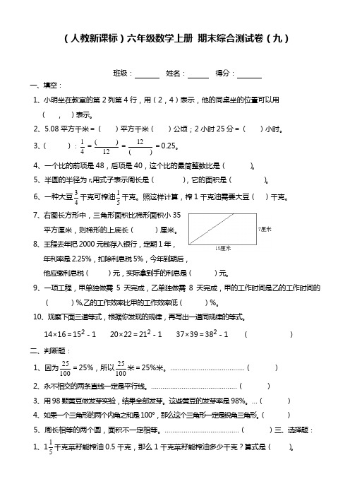 人教新课标六年级数学上册 期末综合测试卷(九)