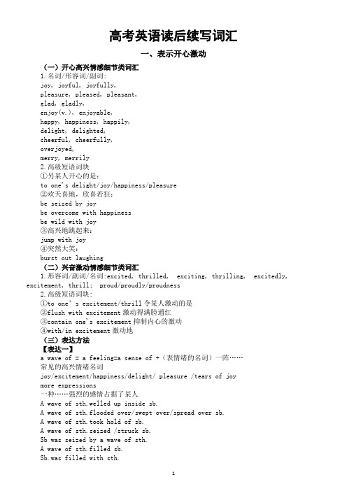 高中英语2025届高考读后续写词汇(开心激动+悲伤难过)