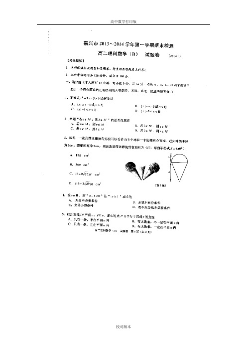 浙江省嘉兴市2013至2014高二上学期期末测试数学理试题(B卷) 扫描版