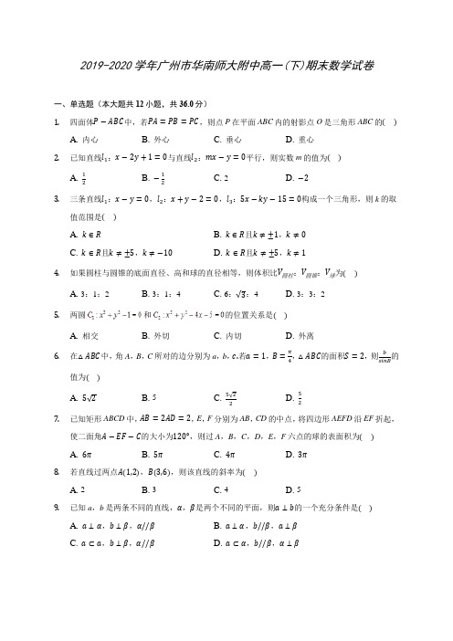 2019-2020学年广州市华南师大附中高一(下)期末数学试卷(含答案解析)