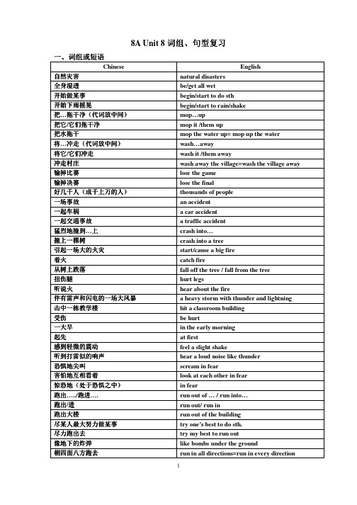 牛津译林版八年级英语8AUnit8Naturaldisasters词组、句型复习