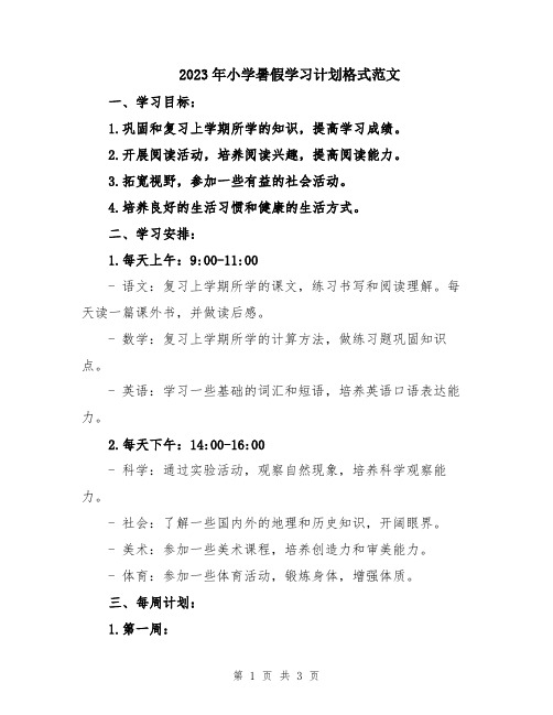 2023年小学暑假学习计划格式范文