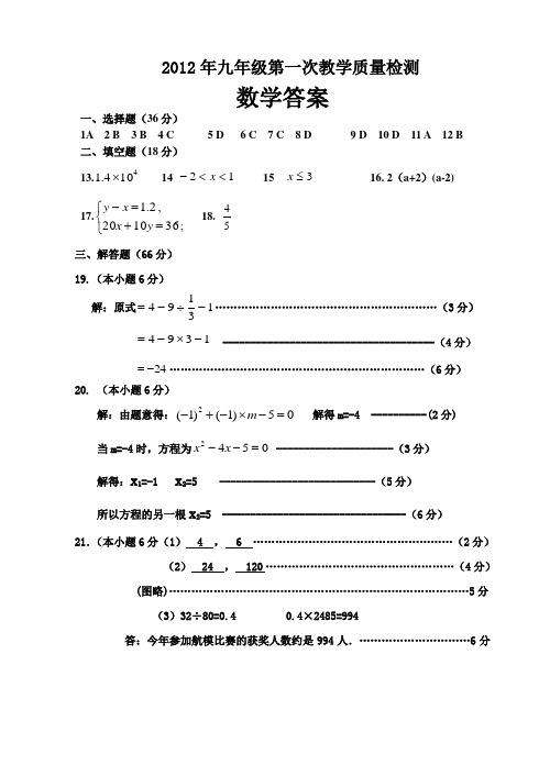 九年级第一次教学质量检测试卷参考答案(数学)