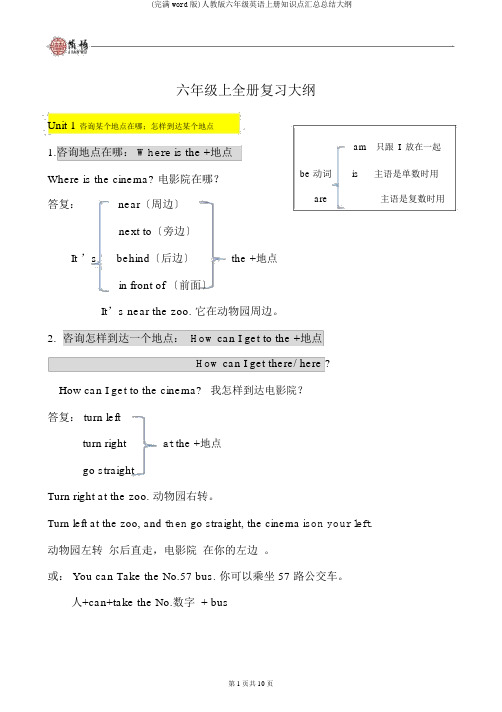 (完整word版)人教版六年级英语上册知识点汇总总结提纲