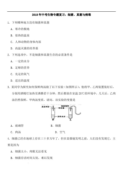 2018年中考生物专题复习：细菌、真菌与病毒(附答案)