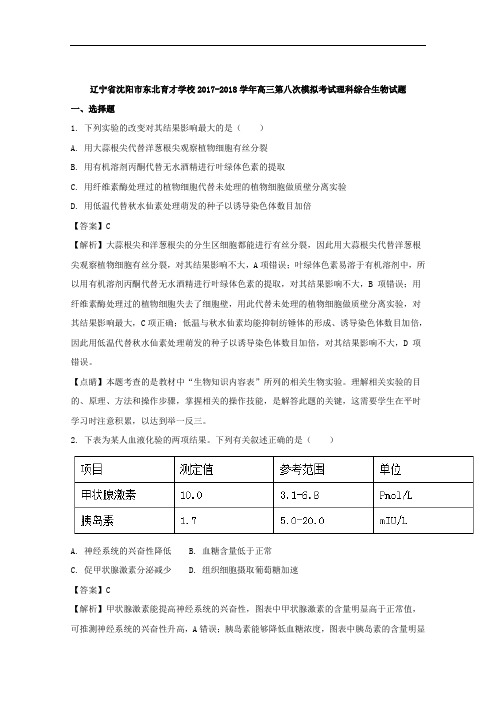 辽宁省沈阳市东北育才学校2018届高三第八次模拟考试理科综合生物试题