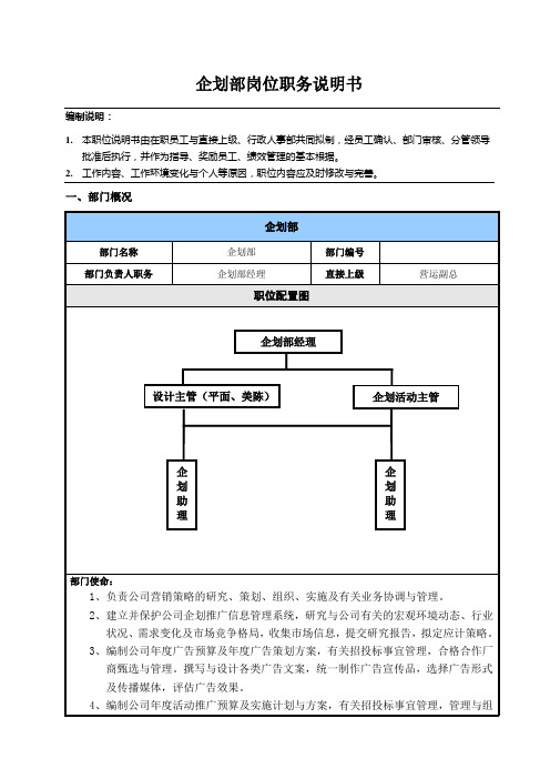 企划部岗位职务说明书