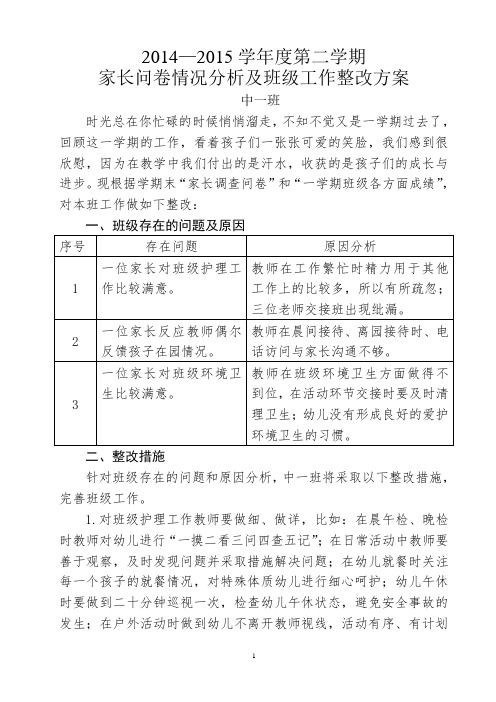 中一班下家长问卷情况分析及整改方案