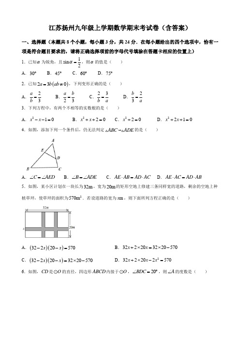 江苏扬州九年级上学期数学期末考试卷(含答案)