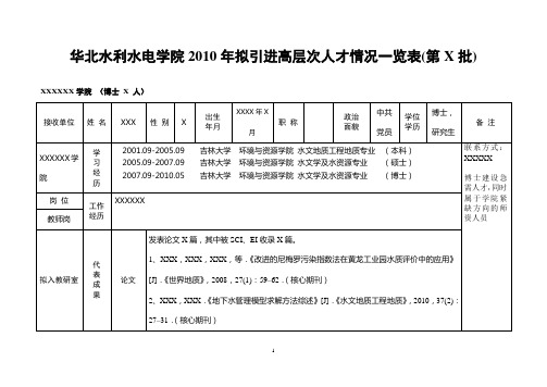 华北水利水电学院2010年拟引进高层次人才情况一览表(第X