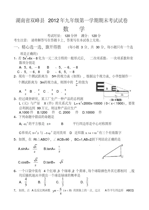2012-2013年湘教版九年级上学期数学期末试题及答案