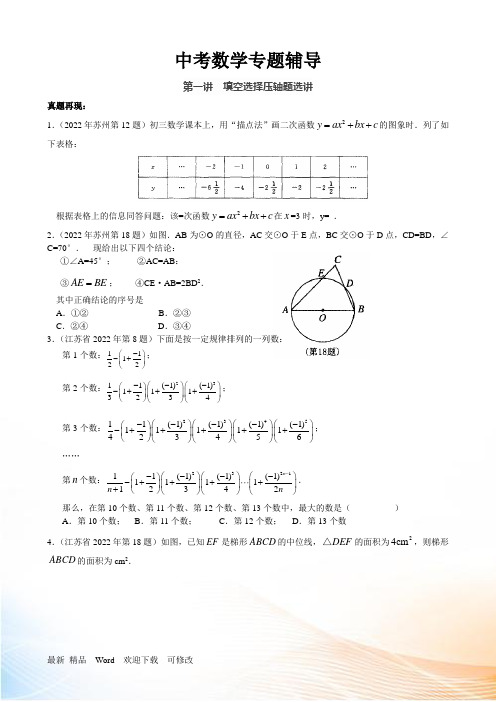 2021年中考《第一讲：填空选择压轴题选讲》专题复习含答案