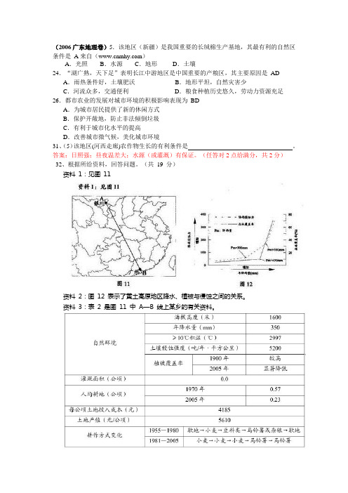 2006广东地理卷真题分类汇总：农业