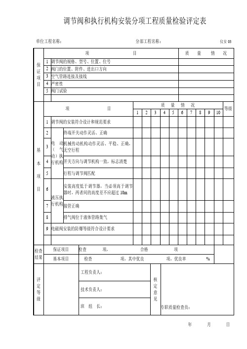 调节阀和执行机构安装分项工程质量检验评定表