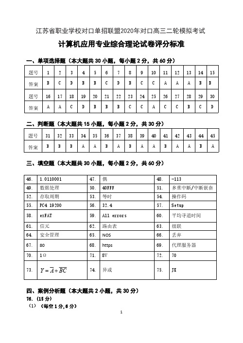 江苏省职业学校对口单招联盟2020年对口高三二轮模拟考试 计算机理论试卷 答案