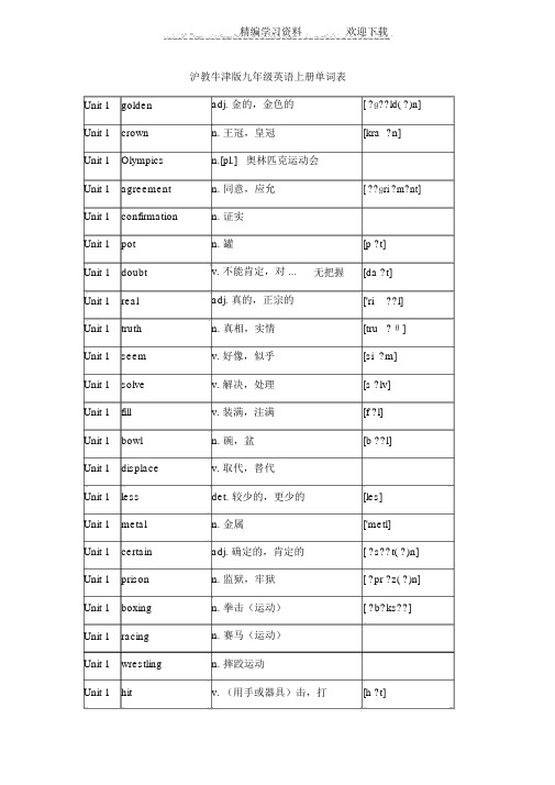 沪教牛津版九年级英语上册单词表