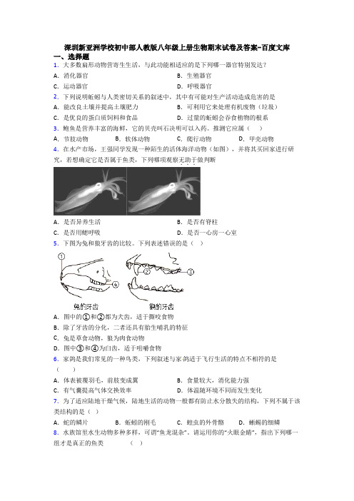 深圳新亚洲学校初中部人教版八年级上册生物期末试卷及答案-百度文库