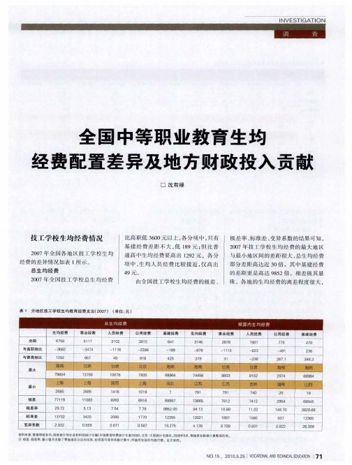 全国中等职业教育生均经费配置差异及地方财政投入贡献