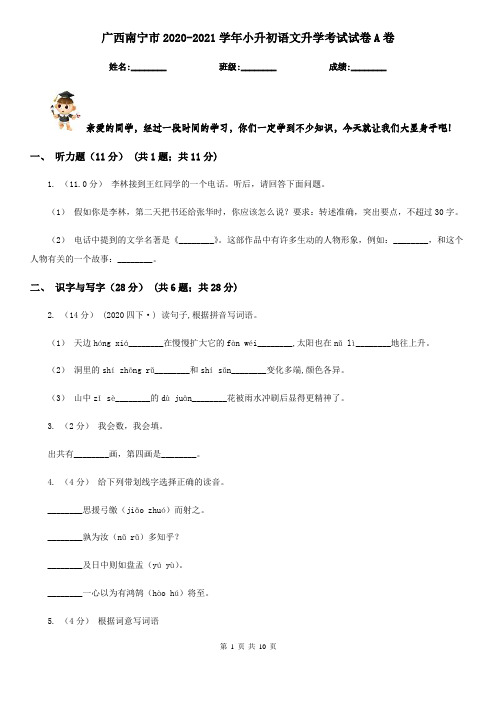 广西南宁市2020-2021学年小升初语文升学考试试卷A卷