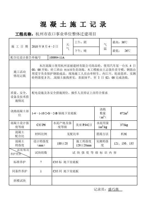 地下室混凝土施工记录