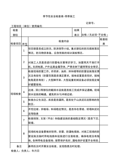 雨季施工安全检查表