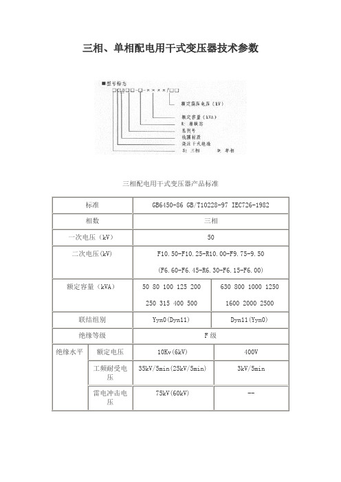 三相、单相配电用干式变压器技术参数