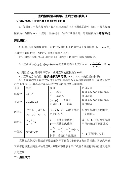 东北师大附属中学高三一轮导学案：直线的倾斜角与斜率_直线的方程【A】