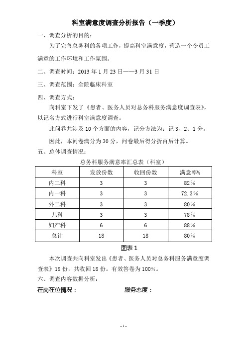 2013年科室满意度调查分析报告(一季度)