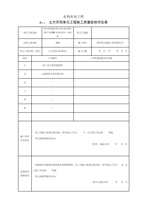 土方开挖单元工程施工质量评定表