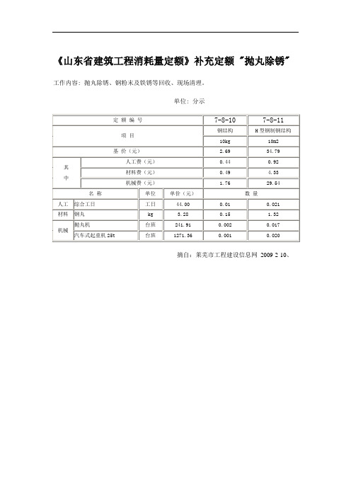 山东省建筑工程消耗量定额补充定额----抛丸除锈