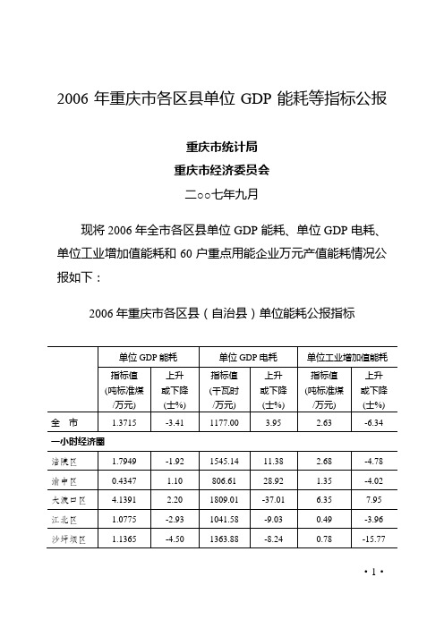 2006年重庆市各区县单位GDP能耗等指标公报