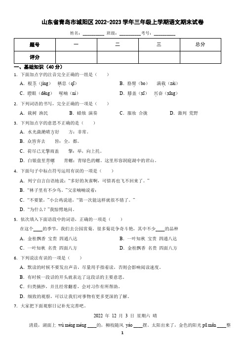 山东省青岛市城阳区2022-2023学年三年级上学期语文期末试卷