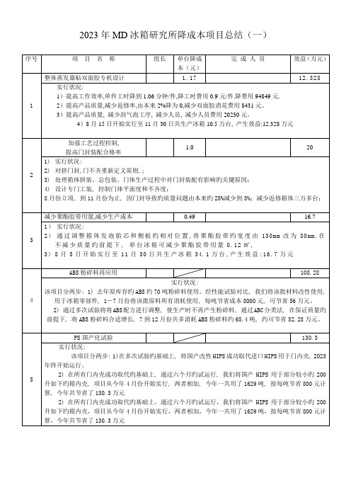 冰箱研究所降成本项目总结