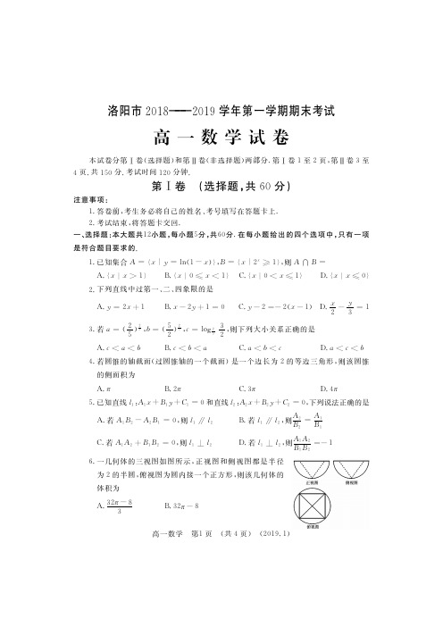 2018-2019学年洛阳市第一学期期末考试高一数学试卷及答案