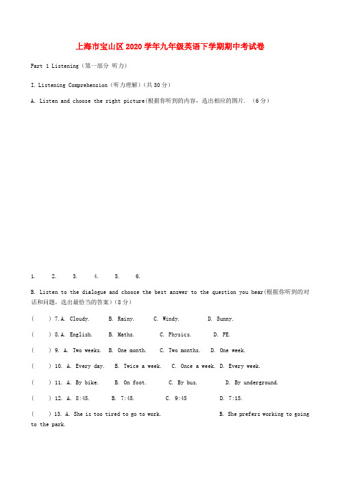 上海市宝山区2020学年九年级英语下学期期中试卷(含解析)