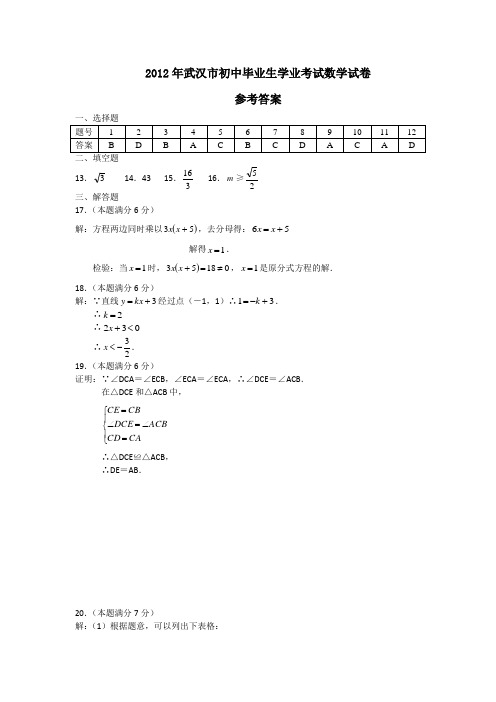 武汉市2012年初中毕业升学考试数学答案