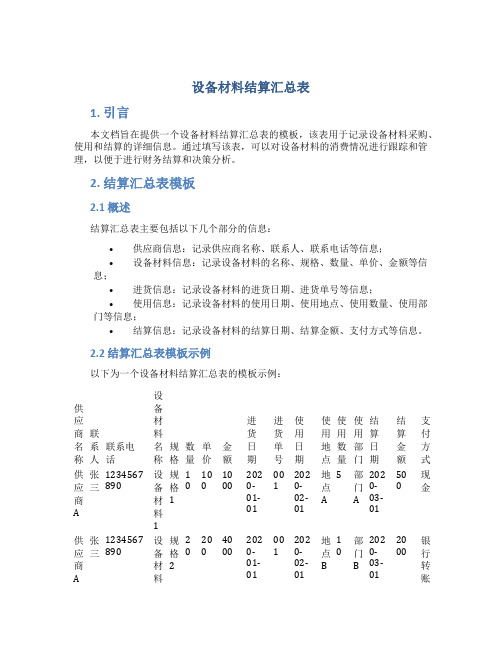 设备材料结算汇总表