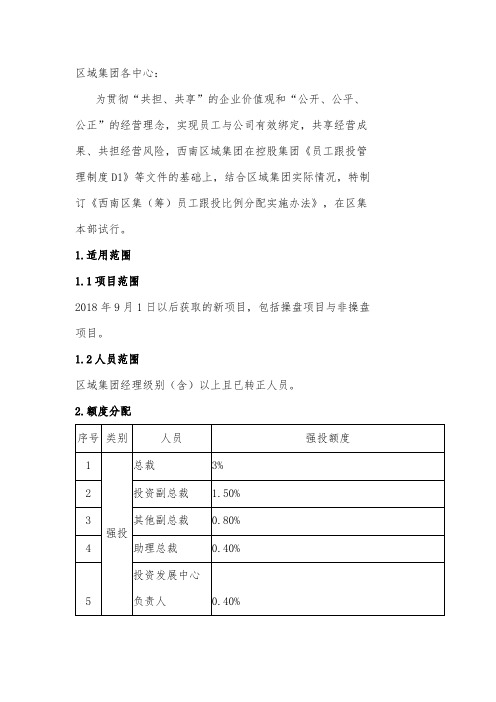 标杆地产集团  人力资源  员工跟投比例分配实施办法